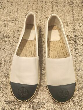 Tory Burch White Leather Espadrilles with Black Toe Cap